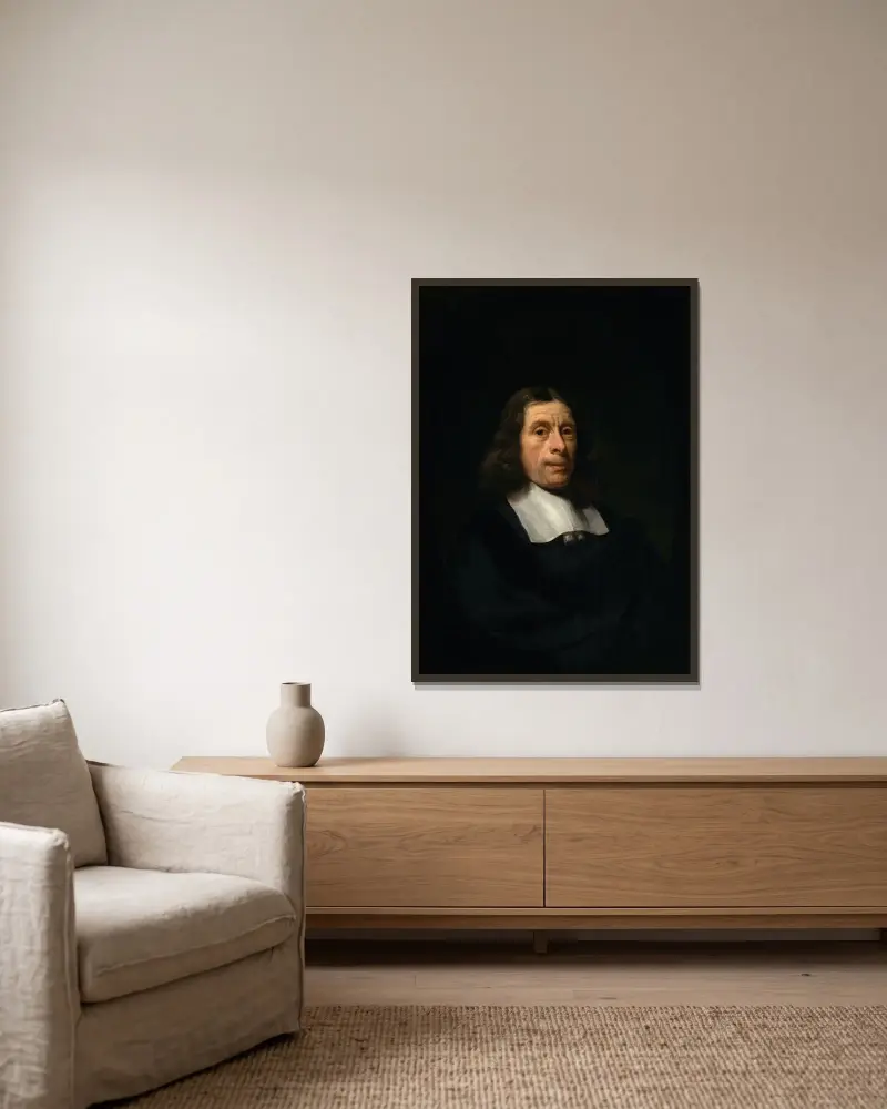 Porträtt av en man av Nicolaes Maes inramad på en vägg