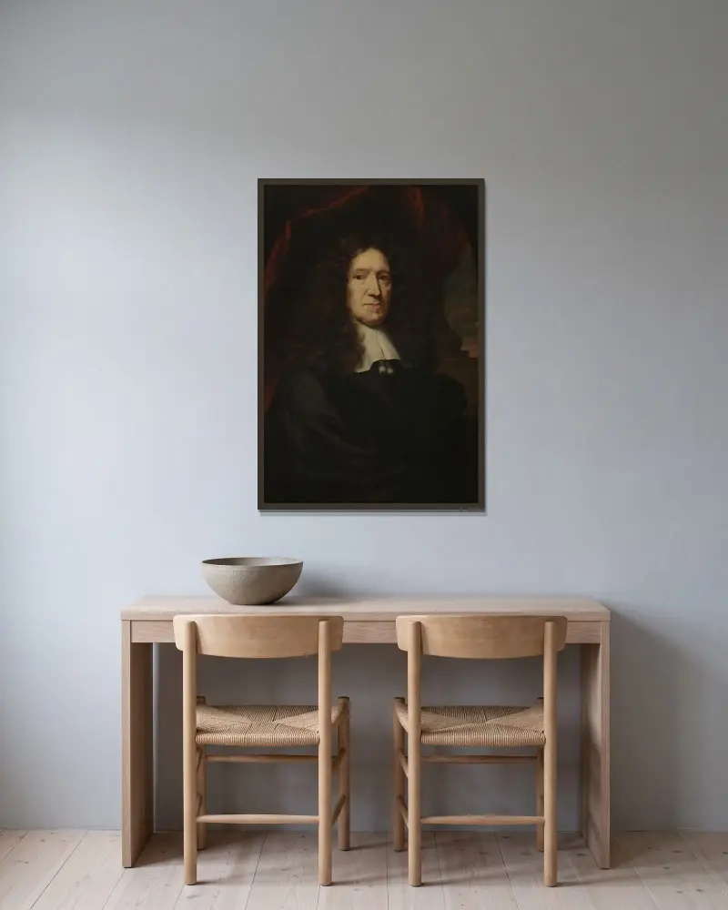 Bildnis eines Mannes von Nicolaes Maes gerahmt an einer Wand
