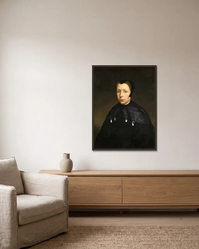 Portrait of a Widow av Nicolaes Maes inramad på en vägg