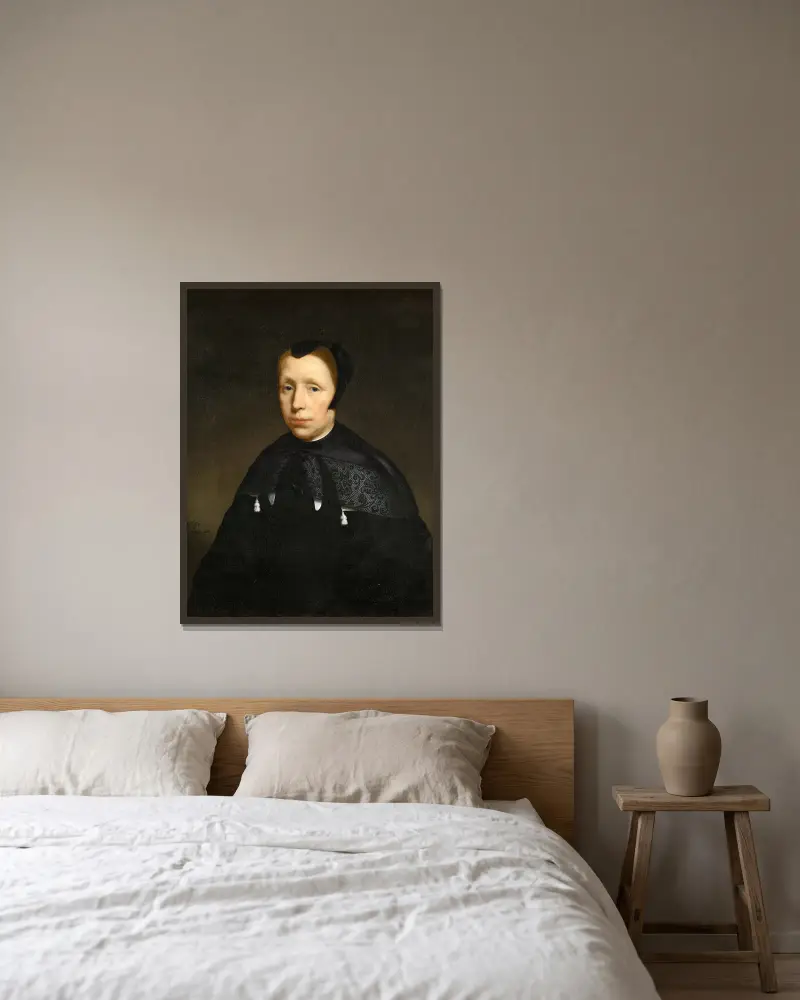 Portrait of a Widow av Nicolaes Maes inramad på en vägg