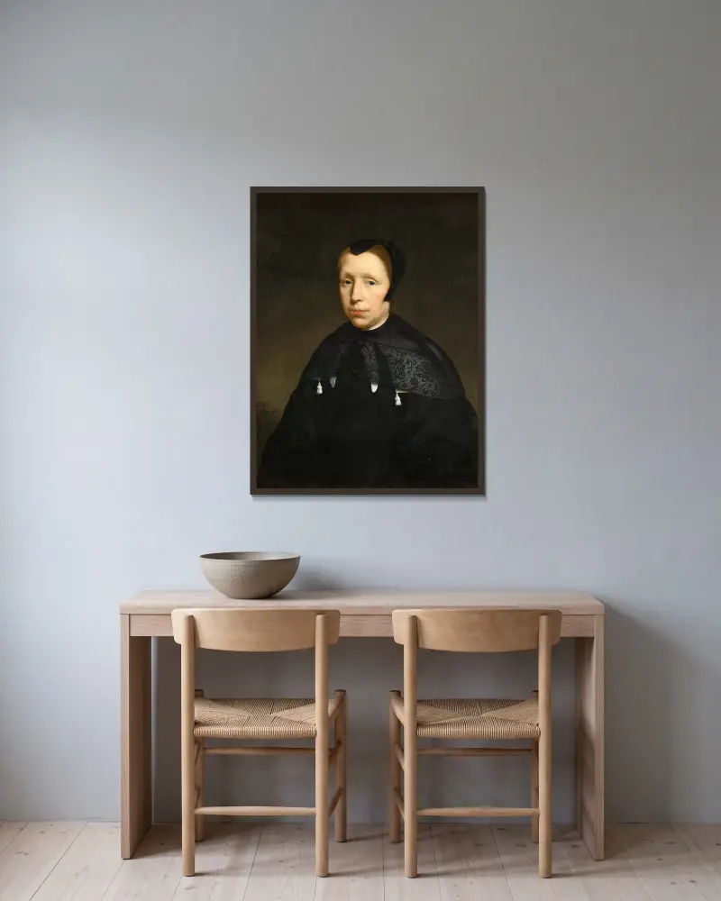 Portrait of a Widow av Nicolaes Maes inramad på en vägg