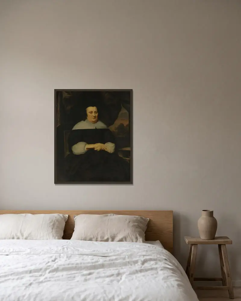 Porträtt av en kvinna av Nicolaes Maes inramad på en vägg