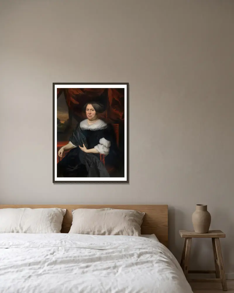 Portrait of a Woman, 1676 av Nicolaes Maes inramad på en vägg