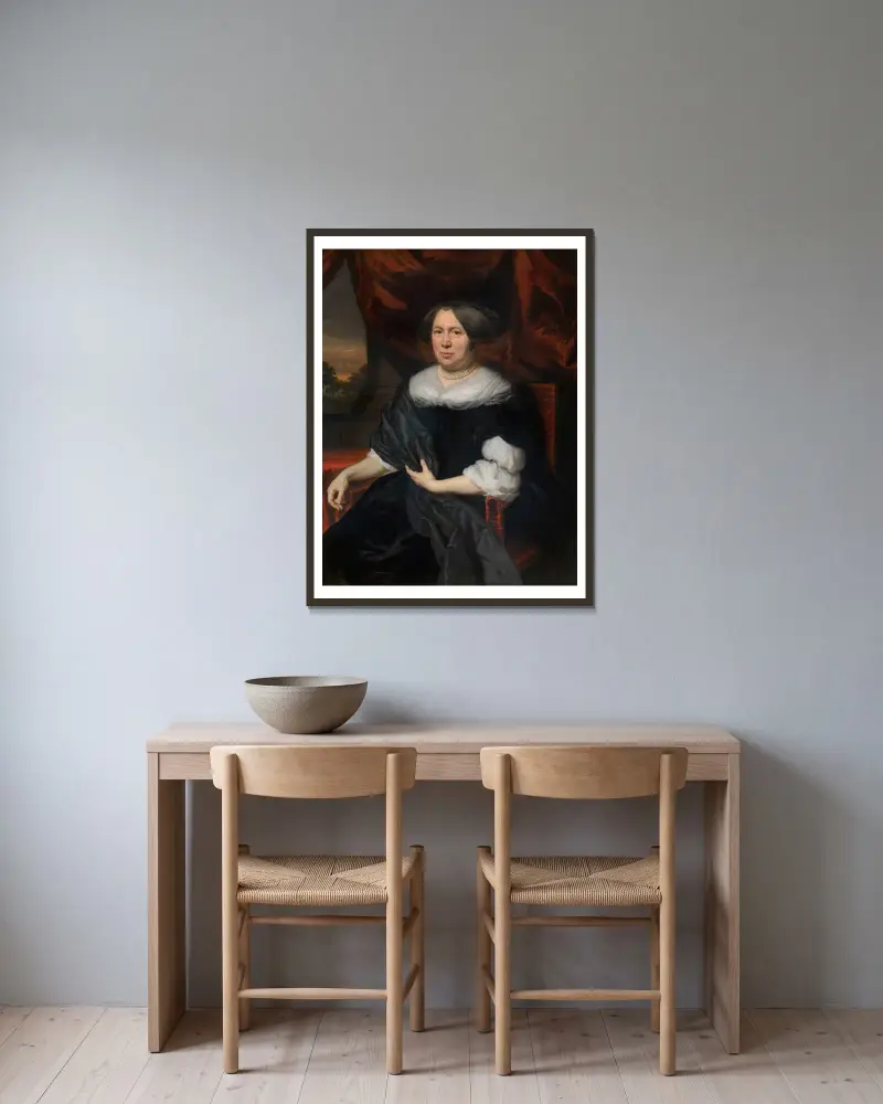 Portrait of a Woman, 1676 av Nicolaes Maes inramad på en vägg