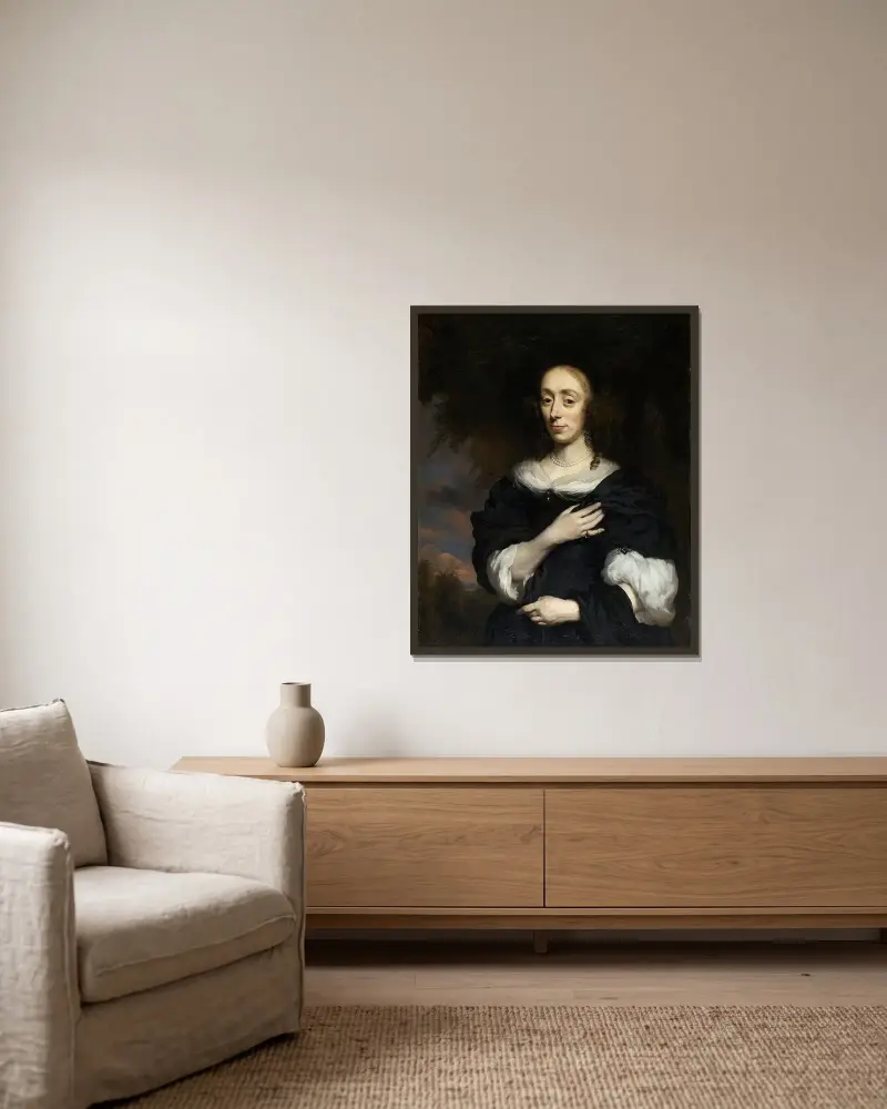 Portret kobiety w czarnej sukni, 1668, Nicolaes Maes w ramie na ścianie