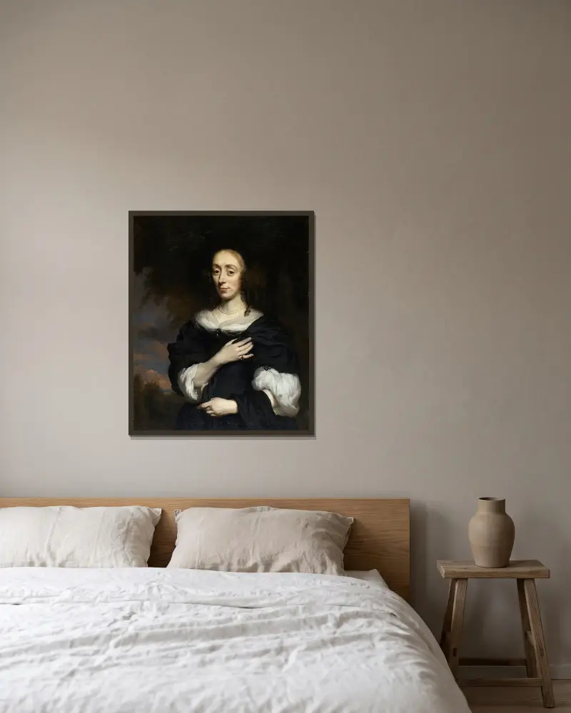 Portret kobiety w czarnej sukni, 1668, Nicolaes Maes w ramie na ścianie