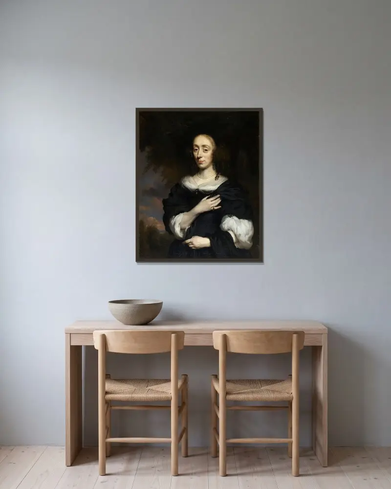 Portret kobiety w czarnej sukni, 1668, Nicolaes Maes w ramie na ścianie