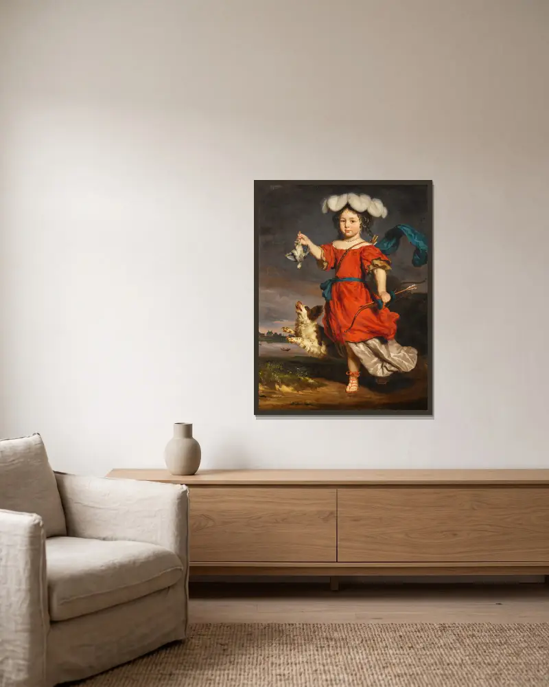 Portrait of a Young Girl as a Huntress av Nicolaes Maes inramad på en vägg