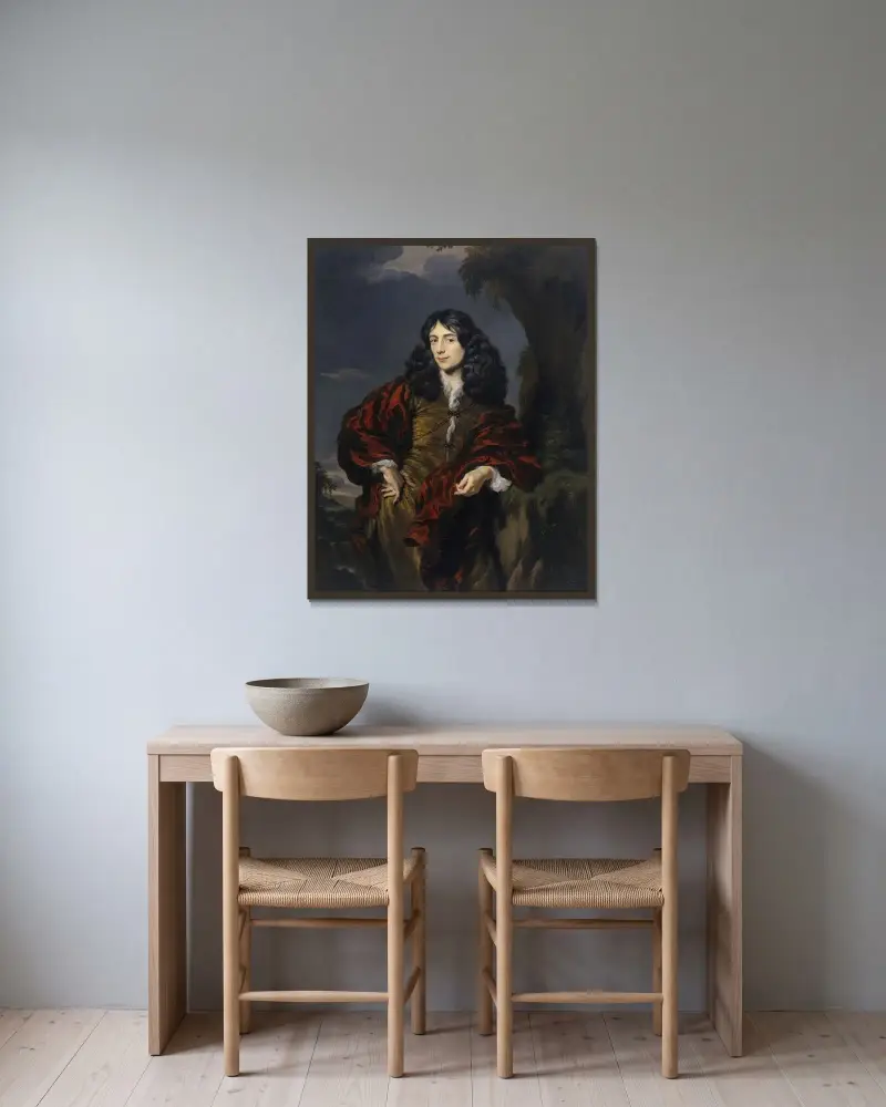 Porträtt av en ung man, möjligen Simon van Alphen (1650–1730) av Nicolaes Maes inramad på en vägg