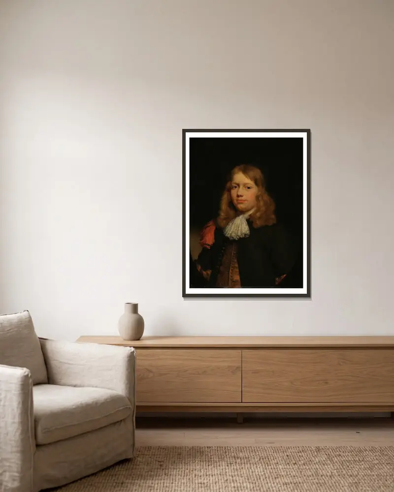 Porträt eines jungen Mannes von Nicolaes Maes gerahmt an einer Wand