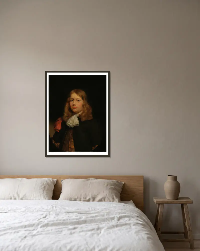 Porträt eines jungen Mannes von Nicolaes Maes gerahmt an einer Wand