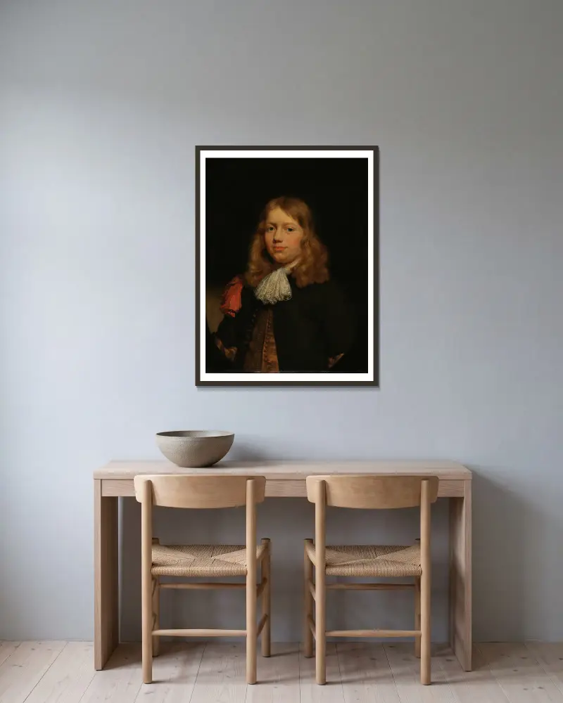 Porträt eines jungen Mannes von Nicolaes Maes gerahmt an einer Wand