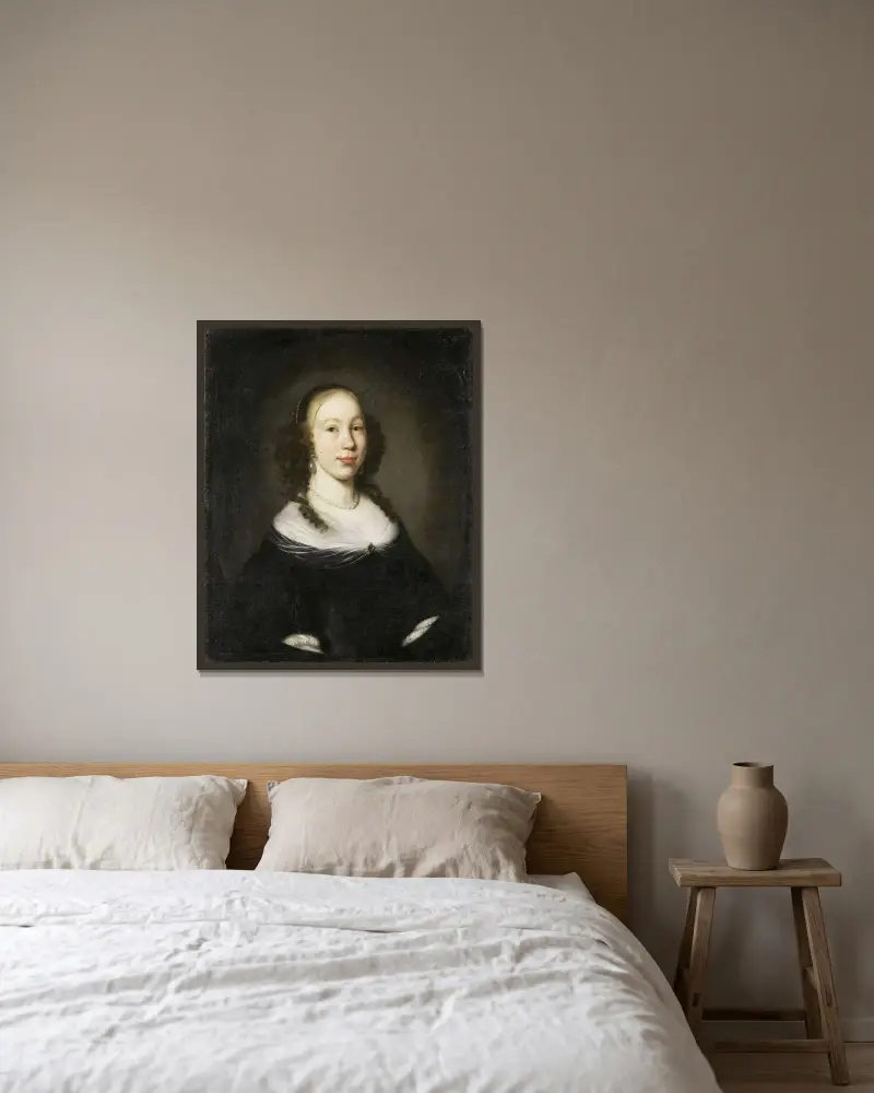 Porträtt av en ung kvinna av Nicolaes Maes inramad på en vägg