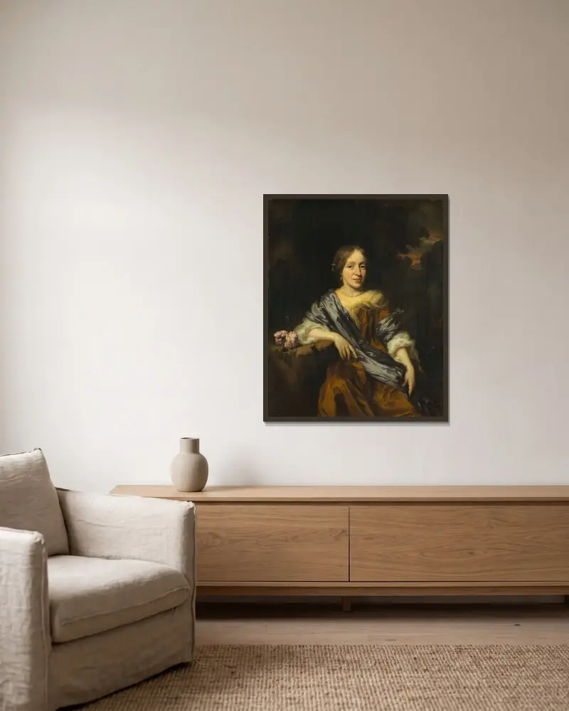 Porträt der Catharina Pottey, Schwester von Willem und Sara Pottey von Nicolaes Maes gerahmt an einer Wand