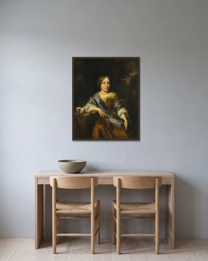 Porträt der Catharina Pottey, Schwester von Willem und Sara Pottey von Nicolaes Maes gerahmt an einer Wand