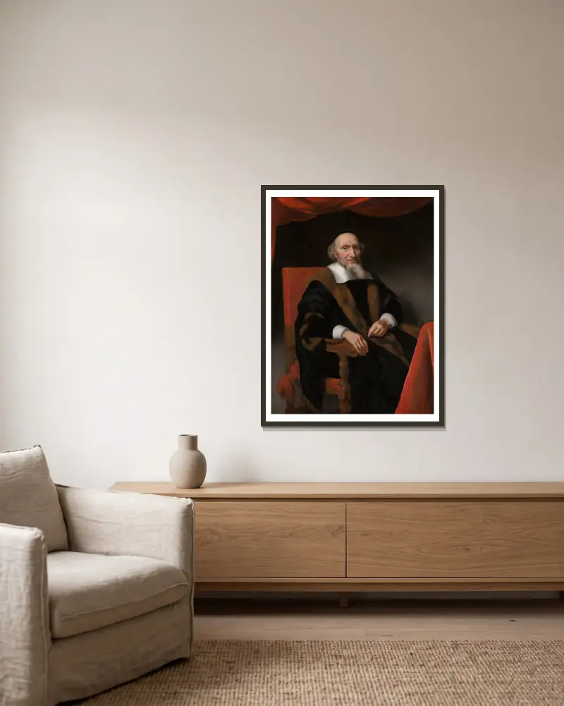 Portrait of Jacob Trip av Nicolaes Maes inramad på en vägg