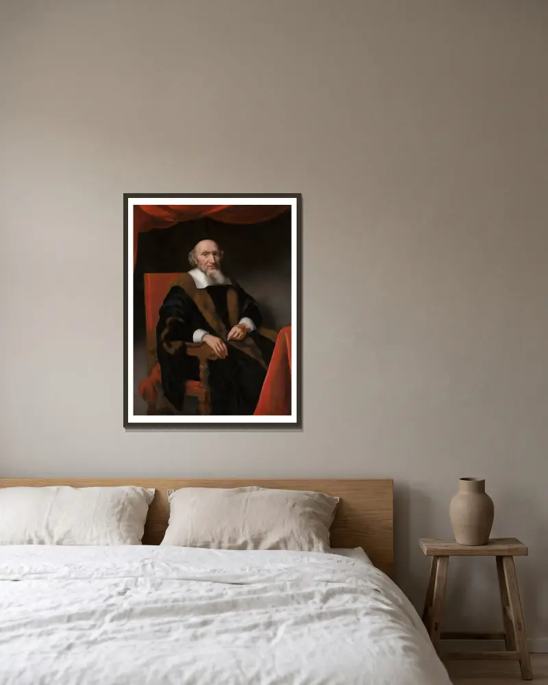 Portrait of Jacob Trip av Nicolaes Maes inramad på en vägg