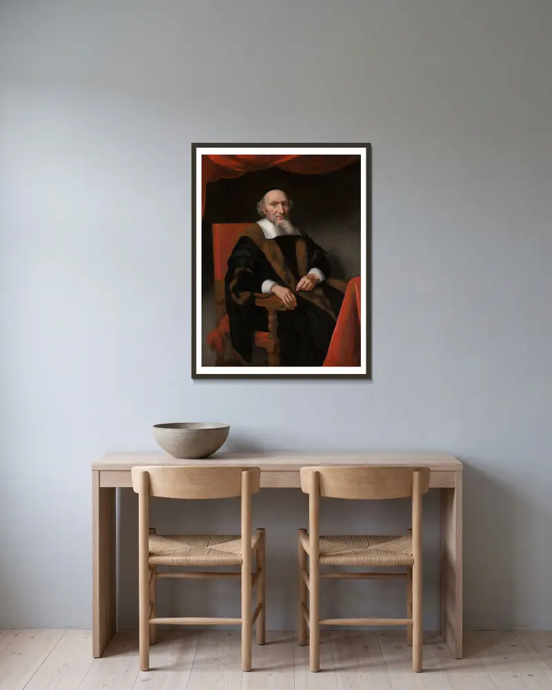 Portrait of Jacob Trip av Nicolaes Maes inramad på en vägg