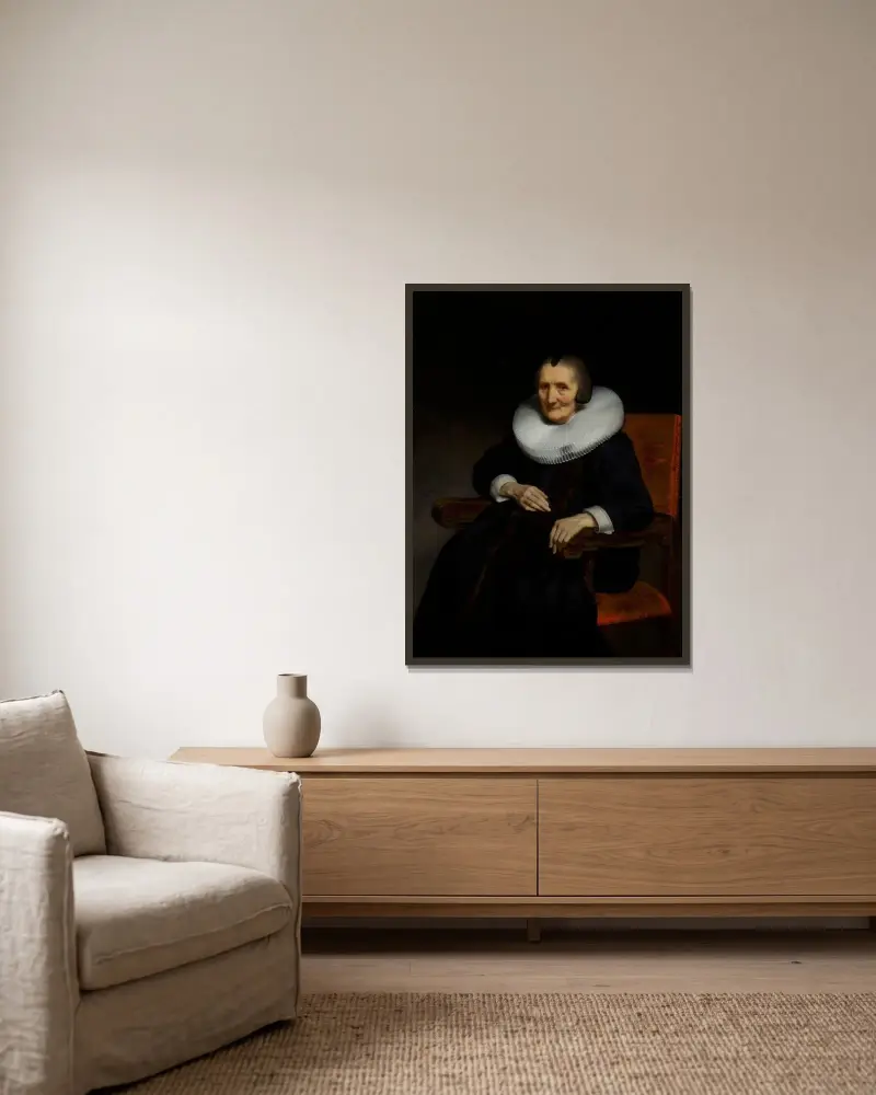 Porträtt av Margaretha de Geer (1583–1672) av Nicolaes Maes inramad på en vägg
