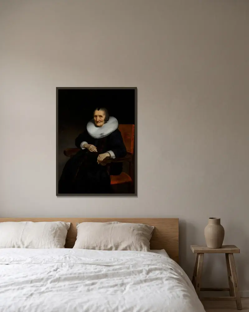 Porträtt av Margaretha de Geer (1583–1672) av Nicolaes Maes inramad på en vägg