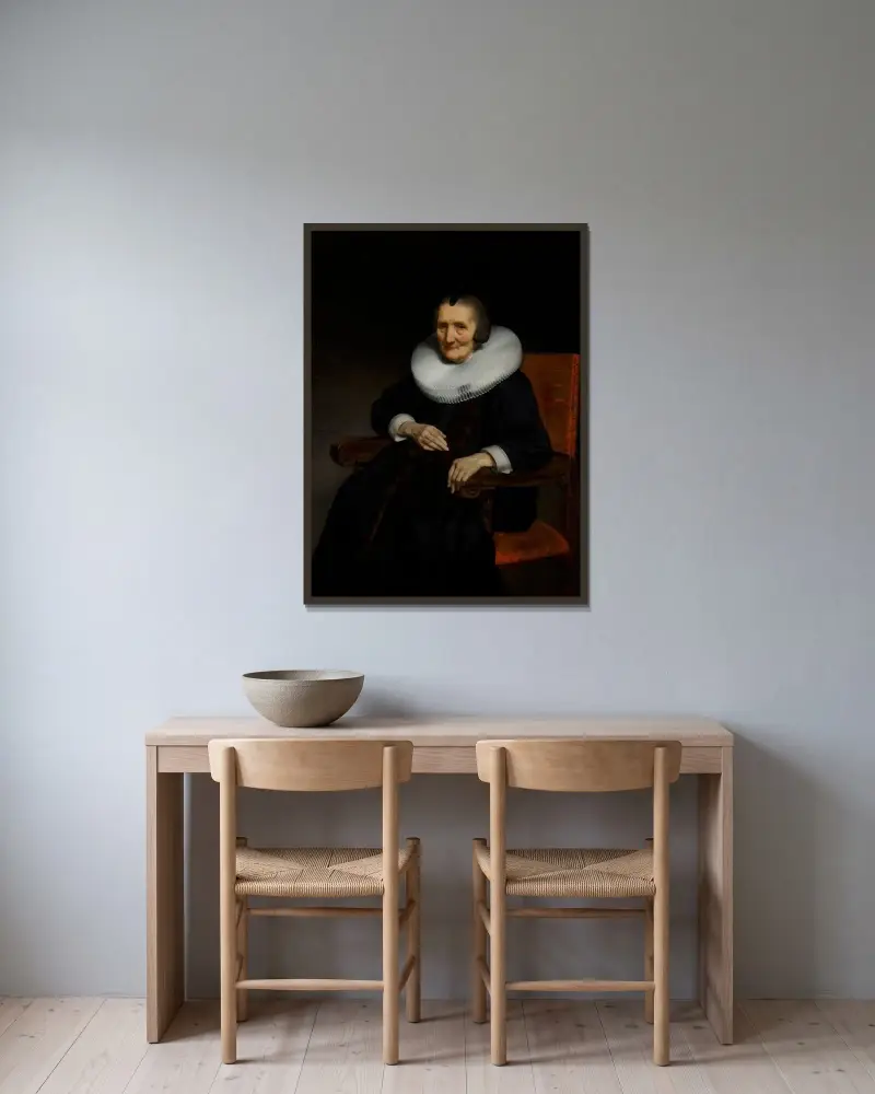 Porträtt av Margaretha de Geer (1583–1672) av Nicolaes Maes inramad på en vägg