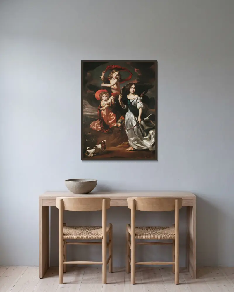 Portrait of Three Children as Ceres, Ganymede, and Diana av Nicolaes Maes inramad på en vägg