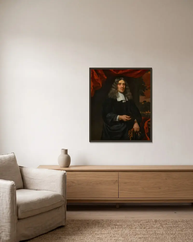Porträt von Wigbold Slicher (1627–1718) von Nicolaes Maes gerahmt an einer Wand