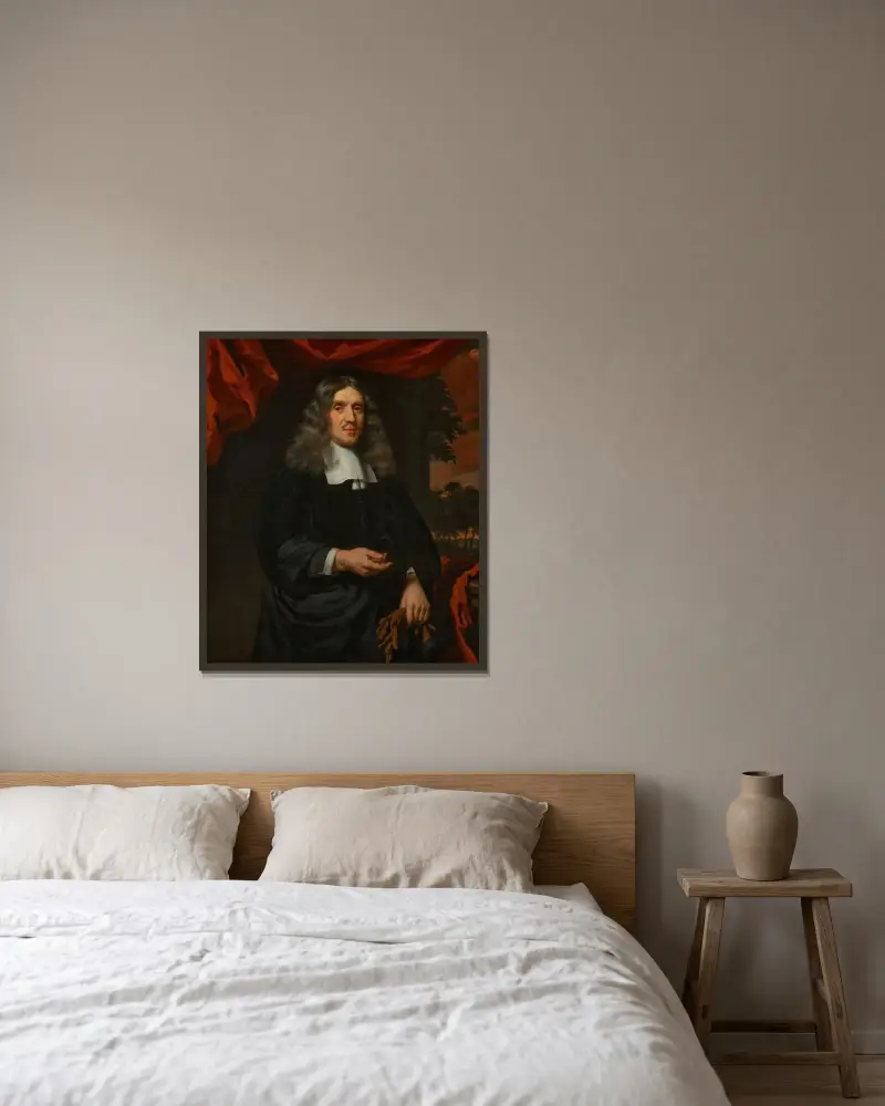 Porträt von Wigbold Slicher (1627–1718) von Nicolaes Maes gerahmt an einer Wand