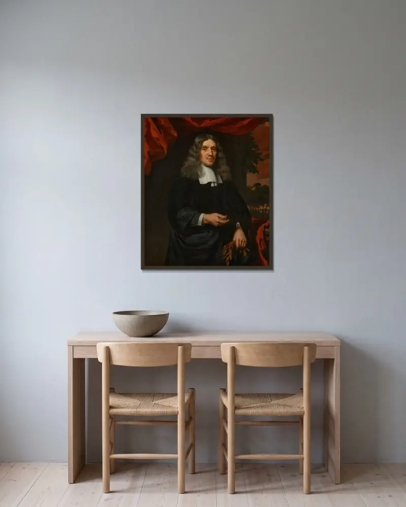 Porträt von Wigbold Slicher (1627–1718) von Nicolaes Maes gerahmt an einer Wand