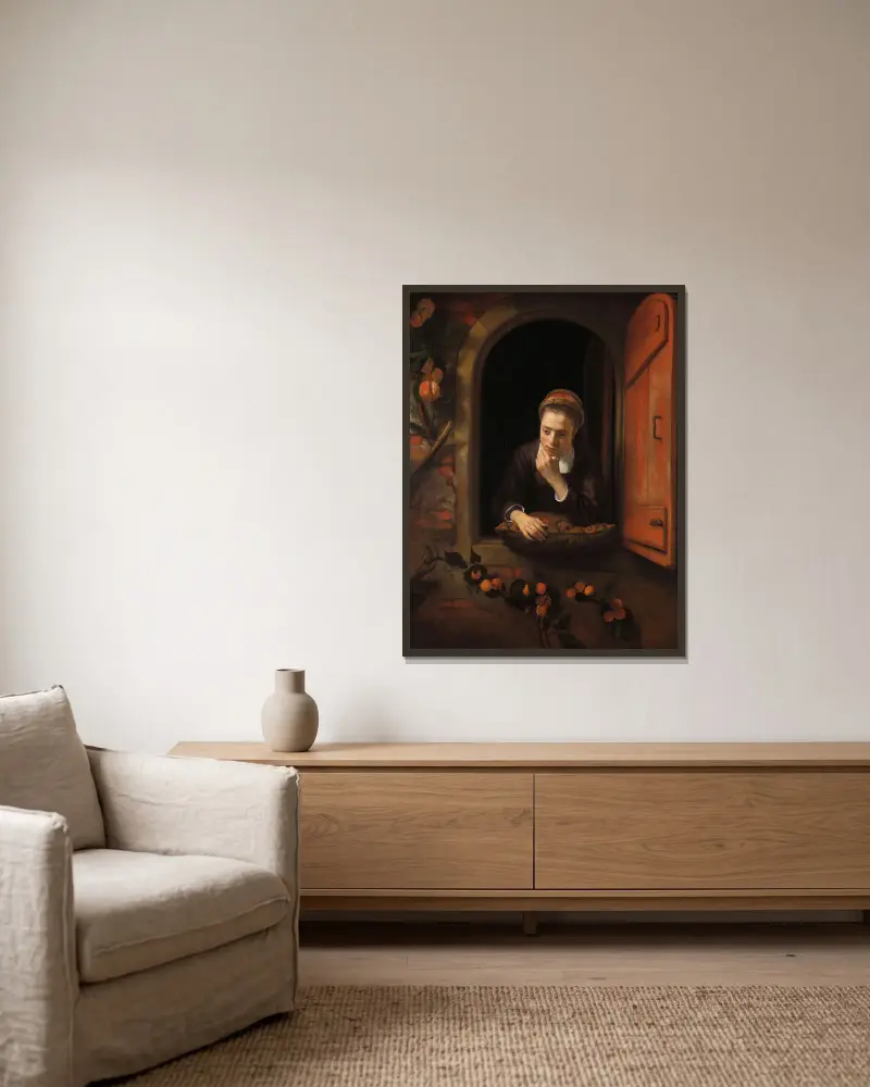 The Daydreamer av Nicolaes Maes inramad på en vägg