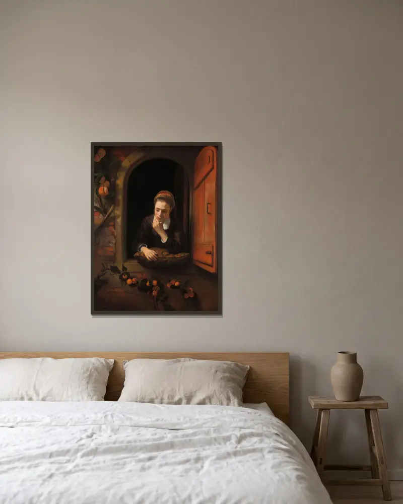The Daydreamer av Nicolaes Maes inramad på en vägg