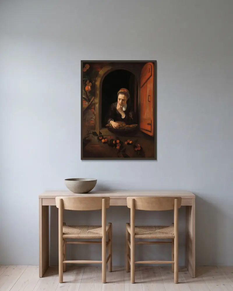 The Daydreamer av Nicolaes Maes inramad på en vägg