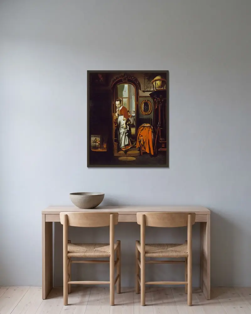 Den lyssnande husmodern (Tjuvlyssnaren) av Nicolaes Maes inramad på en vägg
