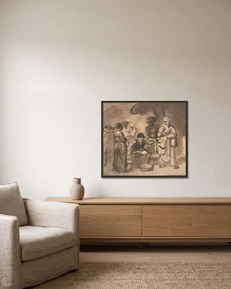 Die zankende Fischerfrau von Nicolaes Maes gerahmt an einer Wand