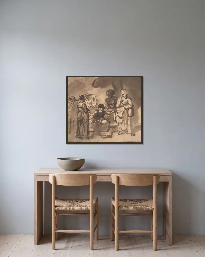 Die zankende Fischerfrau von Nicolaes Maes gerahmt an einer Wand