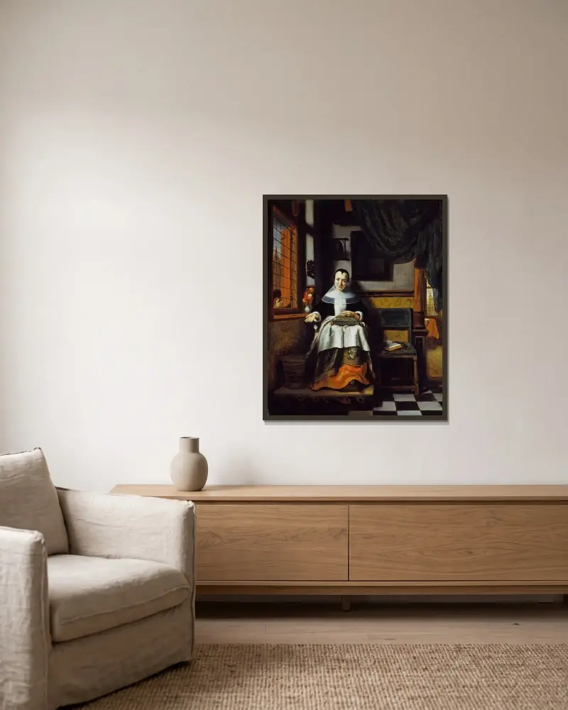 Die tugendhafte Frau von Nicolaes Maes gerahmt an einer Wand