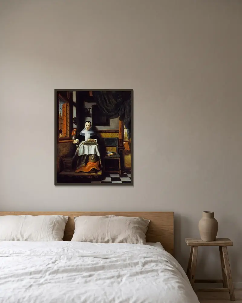 Die tugendhafte Frau von Nicolaes Maes gerahmt an einer Wand