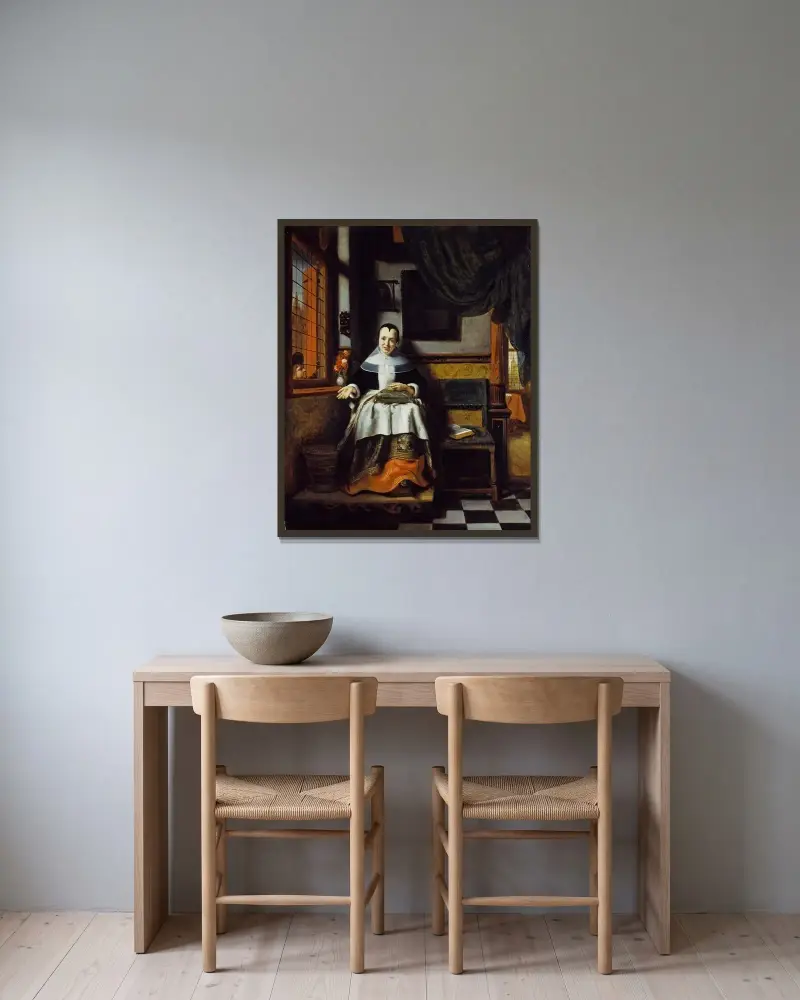 Die tugendhafte Frau von Nicolaes Maes gerahmt an einer Wand