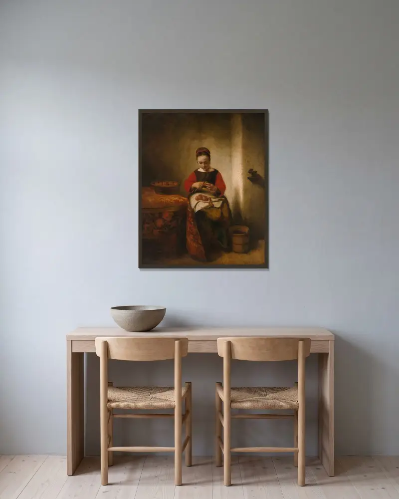 Ung kvinna som skalar äpplen av Nicolaes Maes inramad på en vägg