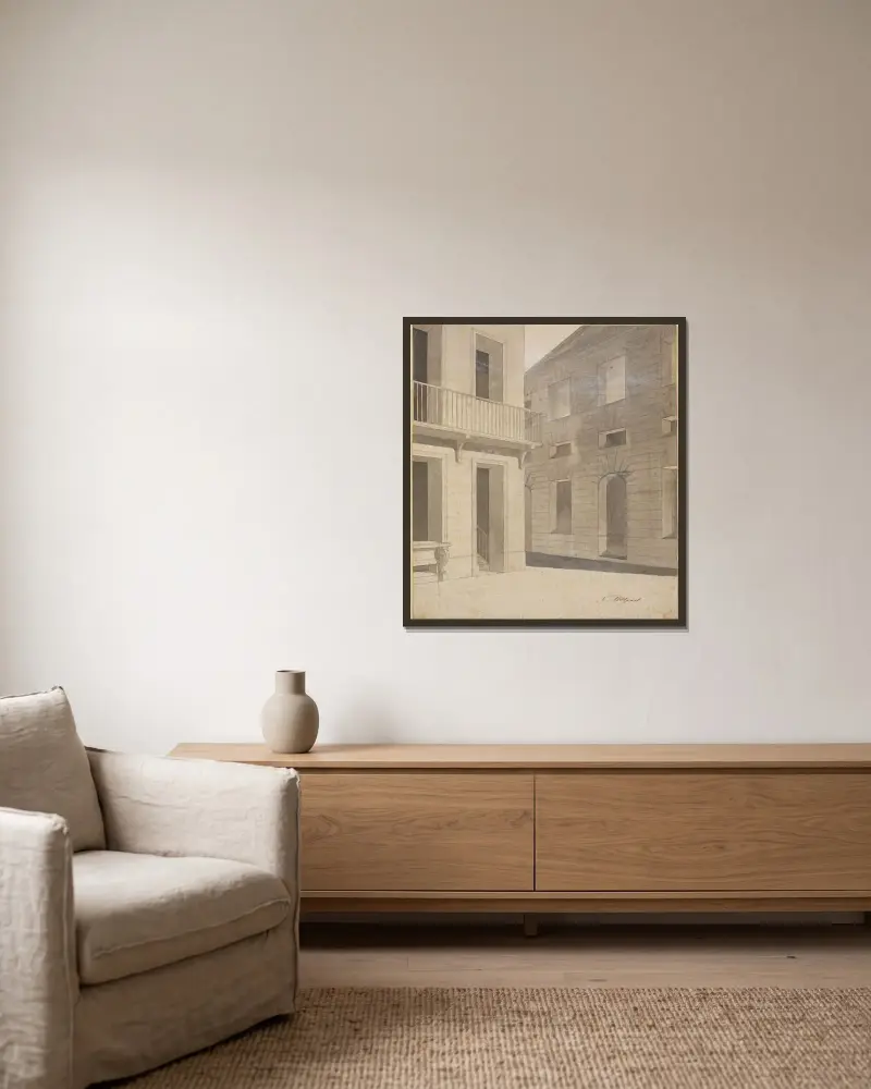 Antike Straßenszene, vermutlich eine Vorstudie zum Terenzbild mit dem lauschenden Chremes von Nicolai Abildgaard gerahmt an einer Wand