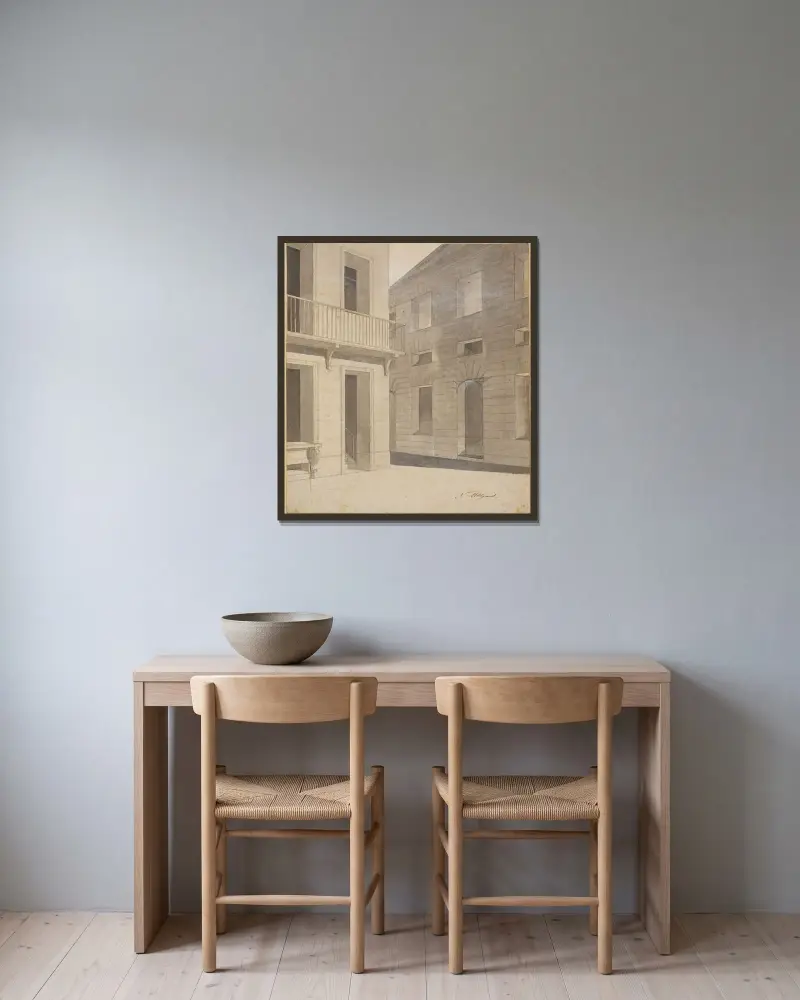 Antike Straßenszene, vermutlich eine Vorstudie zum Terenzbild mit dem lauschenden Chremes von Nicolai Abildgaard gerahmt an einer Wand