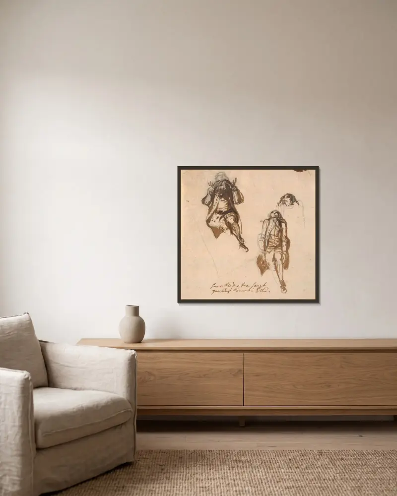 Blatt mit drei Studien von Niels Klim von Nicolai Abildgaard gerahmt an einer Wand