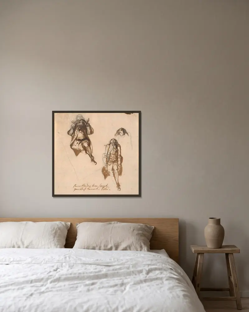 Blatt mit drei Studien von Niels Klim von Nicolai Abildgaard gerahmt an einer Wand