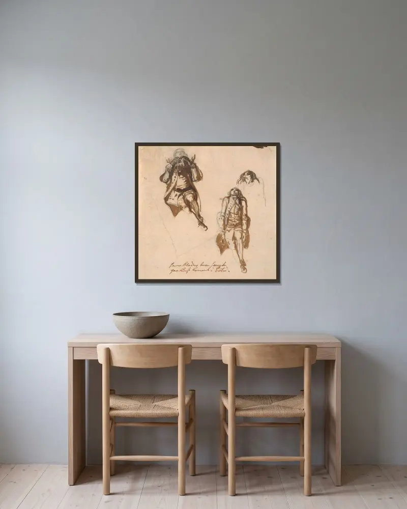 Blatt mit drei Studien von Niels Klim von Nicolai Abildgaard gerahmt an einer Wand