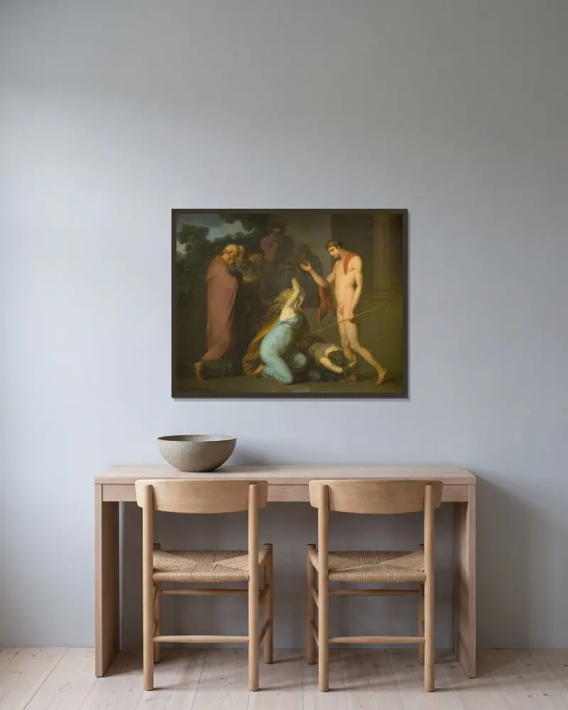 Ismene und Antigone flehen zu Theseus von Nicolai Abildgaard gerahmt an einer Wand