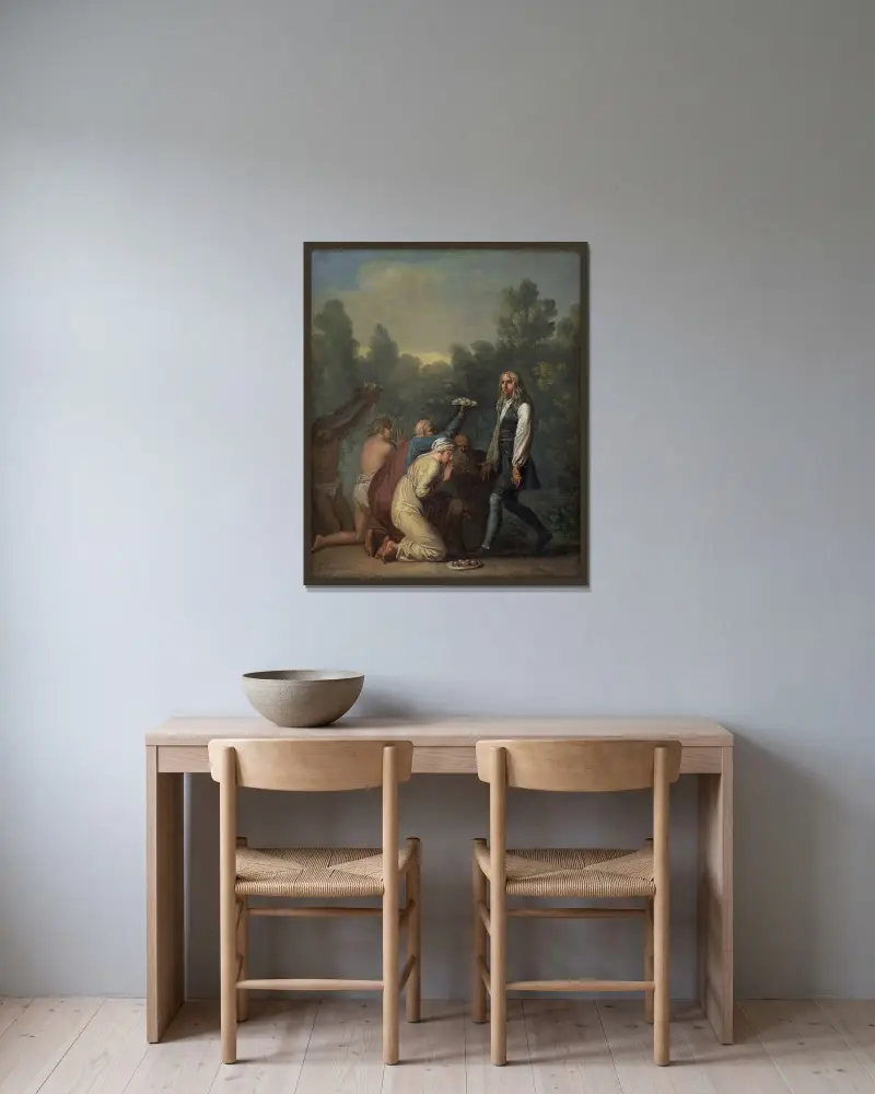 Niels Klim empfängt die Huldigung der Quamiten von Nicolai Abildgaard gerahmt an einer Wand