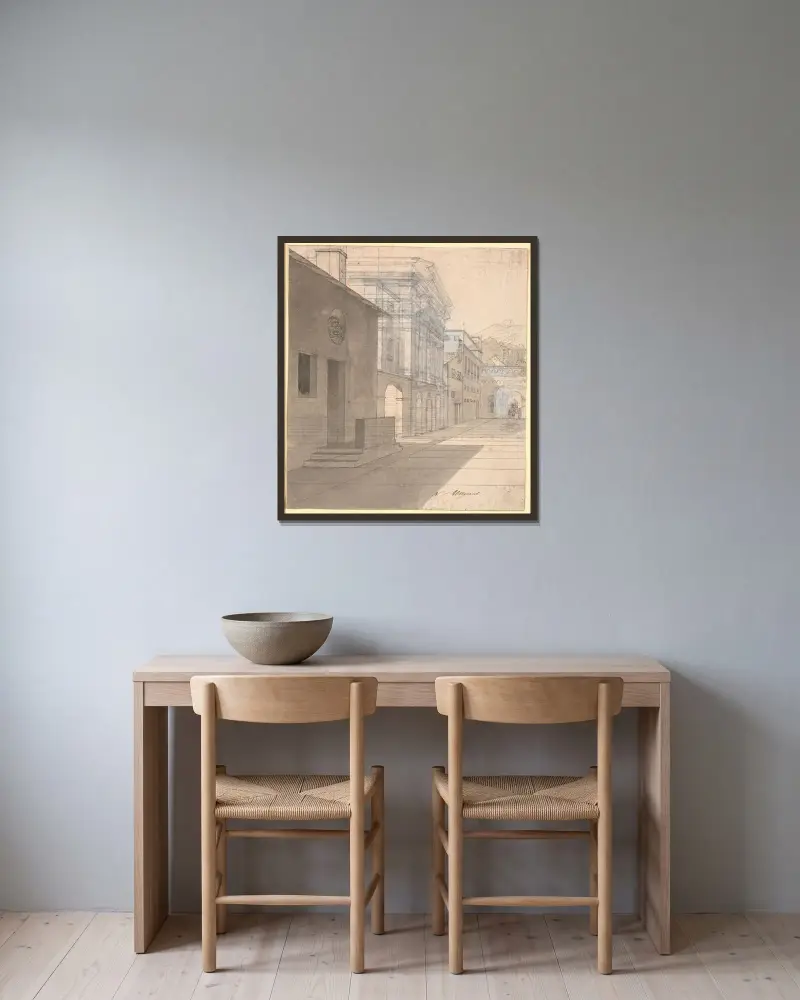 Perspektivstudie för arkitekturen i bilden av jordemodern som lämnar Androspigens hus av Nicolai Abildgaard inramad på en vägg
