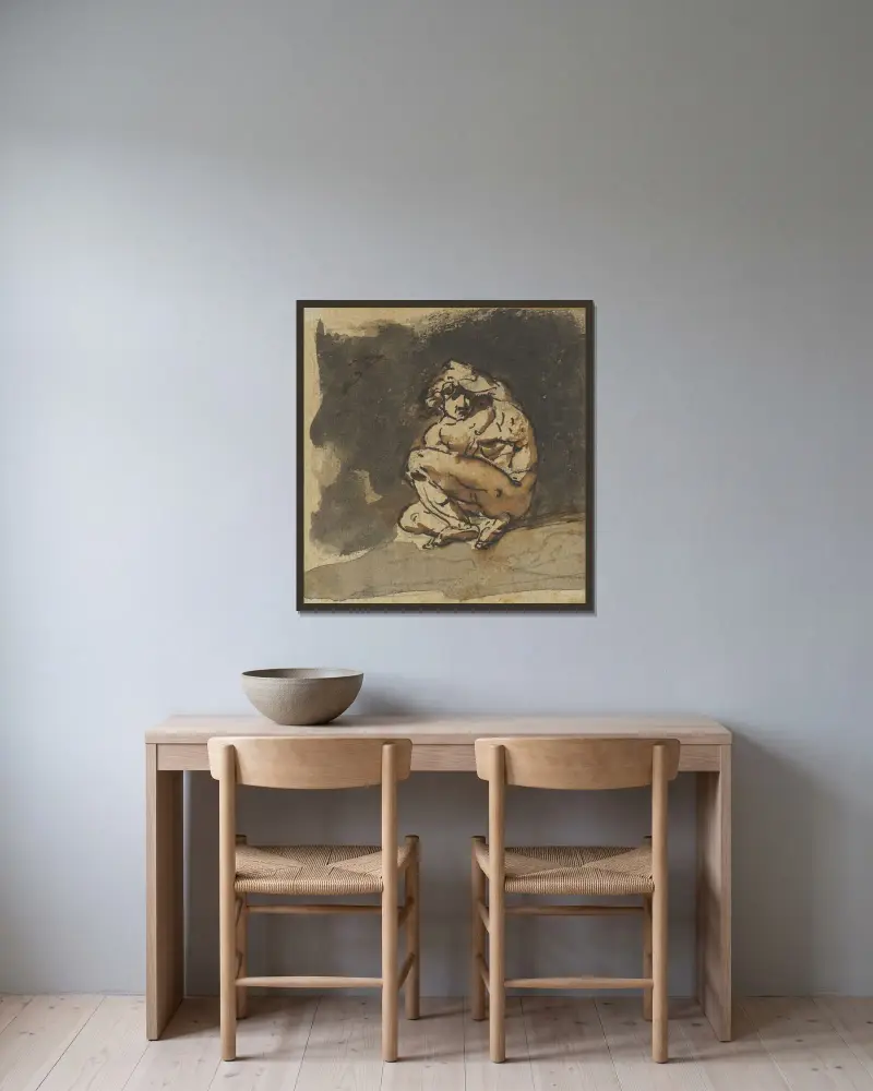 Studie av manlig nakenmodell (Althaemenes) som försöker gömma sig av Nicolai Abildgaard inramad på en vägg