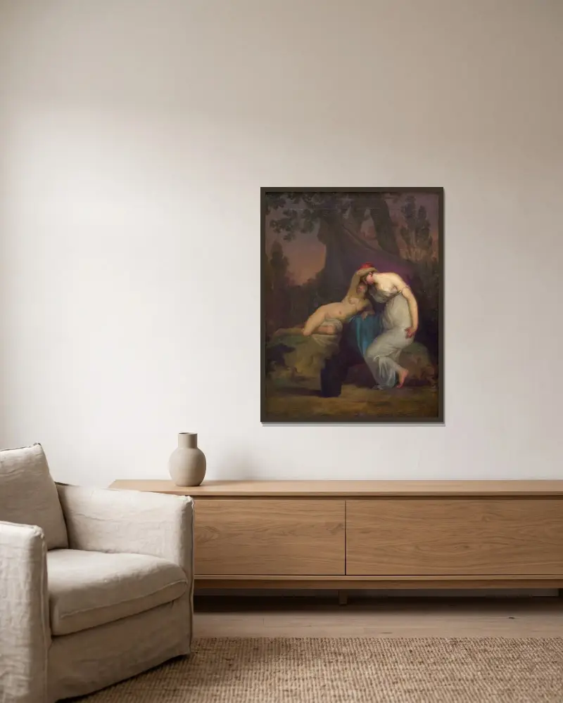 Die griechische Dichterin Sappho und das Mädchen aus Mytilene von Nicolai Abildgaard gerahmt an einer Wand
