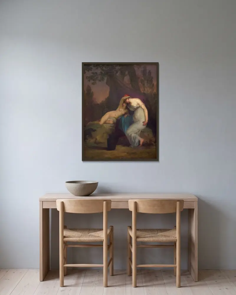 Die griechische Dichterin Sappho und das Mädchen aus Mytilene von Nicolai Abildgaard gerahmt an einer Wand